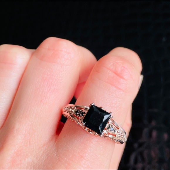 Jewelry - Princess Cut Black Cubic Zirconia Rose Gold Vermeil Sterling Heart Filig…